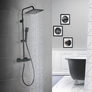 WOWOW Thermostatic Shower Set Shower Set Rainfall Shower Head Adjustable Slide Bar Black 3090100D