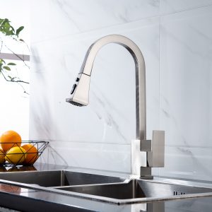WOWOW Square Pull Down Kitchen Faucet High Arc Brushed Nickel Sink Faucets with Pull Out Sprayer Head