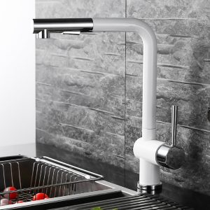 Pull-Out Sprayer Single Lever Swivel Kitchen Faucet White & Chrome