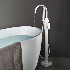 Floor Mounted Bathtub Filler with Handheld Shower Single Handle White