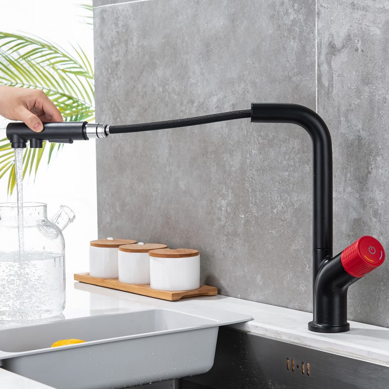 Single Handle High Pull Out Kitchen Faucet Black And Red 3
