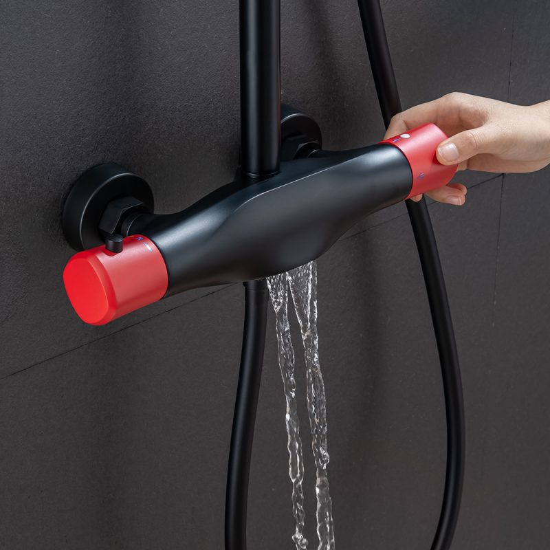Thermostatic Shower System Rain Shower Head With Handheld Sets Black And Red 6