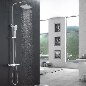 Thermostatic Shower System Polish Chrome Rainfall Shower Head with Handheld Sprayer Set