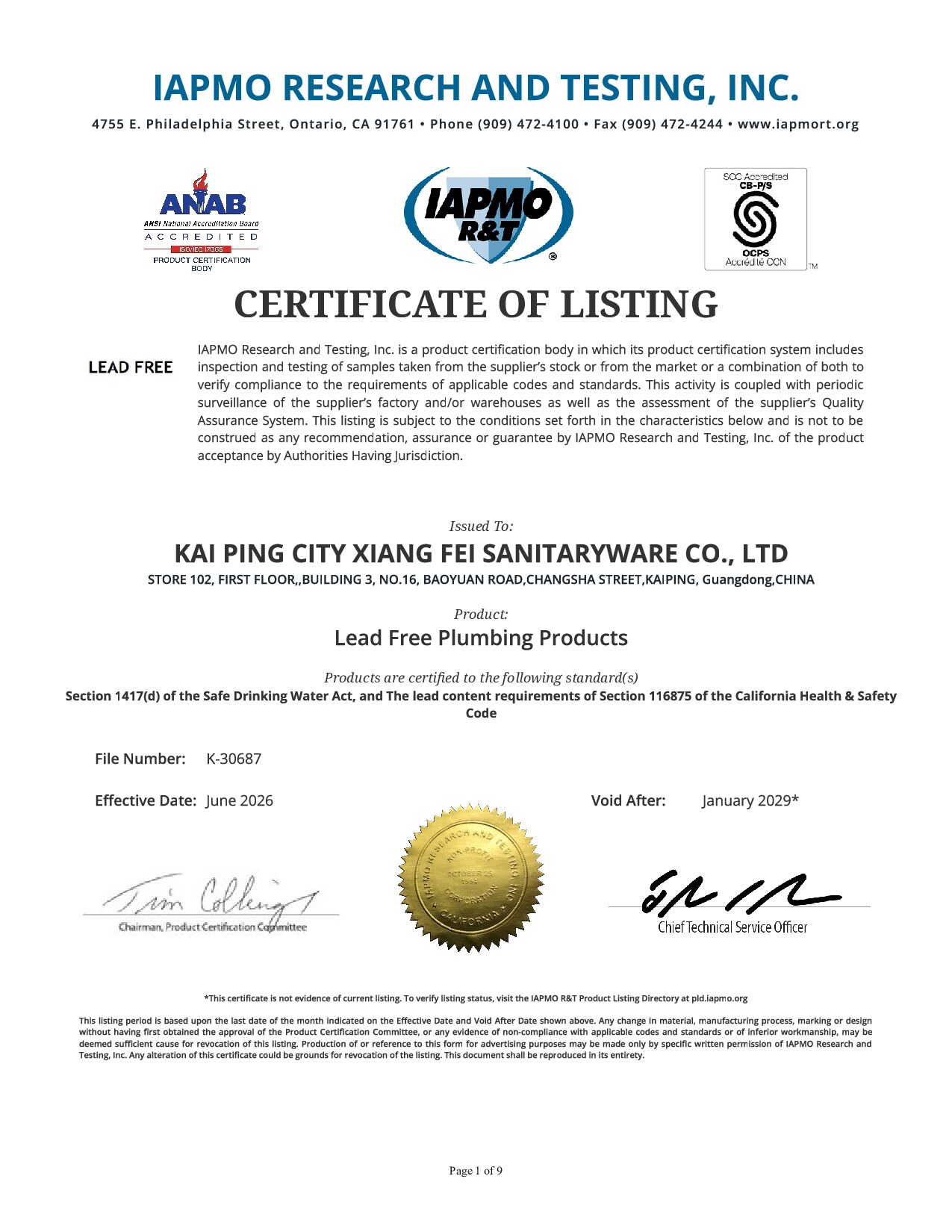 WOWOW NSF/ANSI 372 Lead-Free Certificate