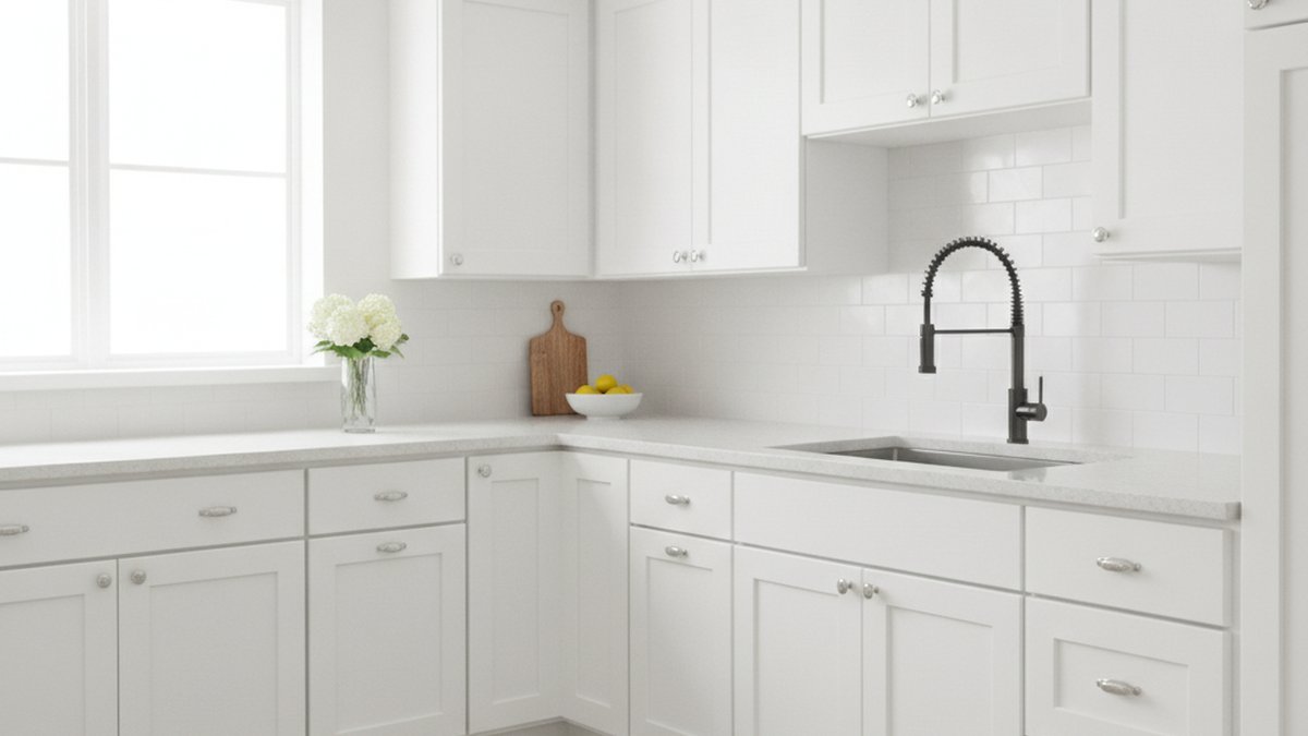 black kitchen faucet with white cabinets